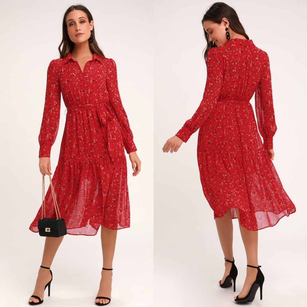 NWT Lulu's Flirt Fest Red Floral Print Midi Dress